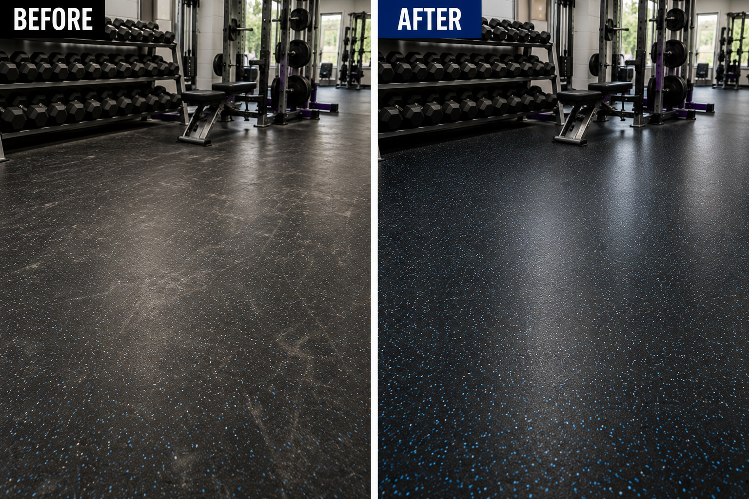 Commercial rubber floor restoration before and after showing deep cleaning and restoration