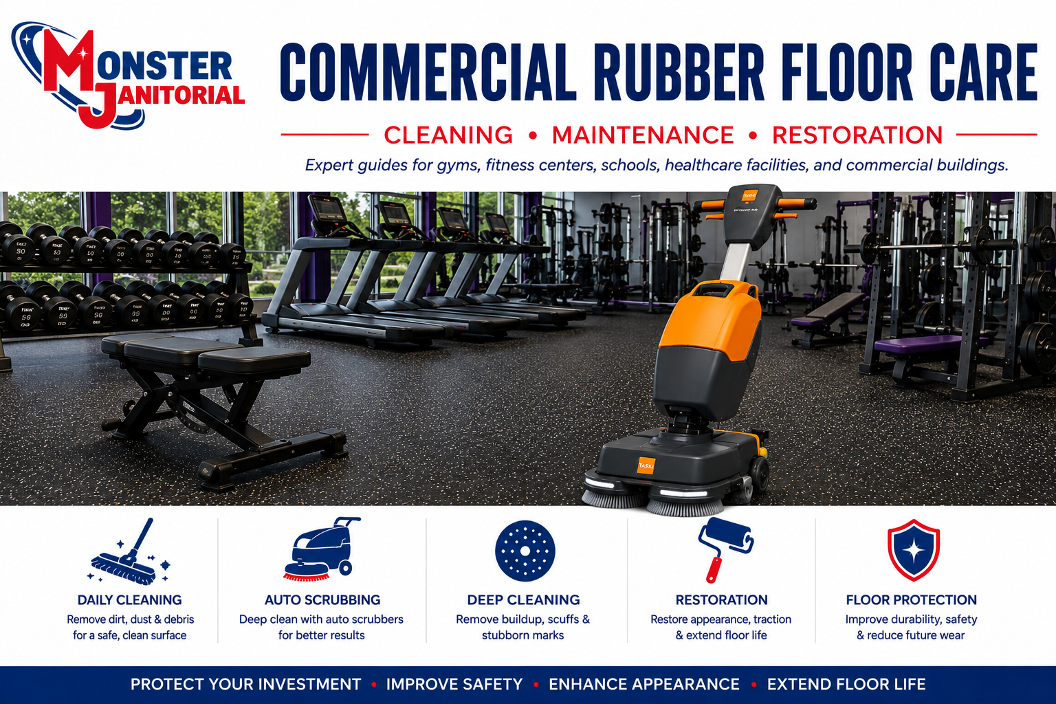 Commercial rubber floor care guide for cleaning, auto scrubbing, gym floors, fitness centers, schools, hospitals, and commercial rubber flooring maintenance