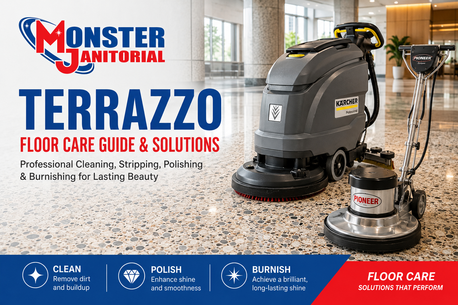 Terrazzo floor care and maintenance guide for cleaning, polishing, diamond pads, auto scrubbers, burnishers, sealers, and commercial floor equipment