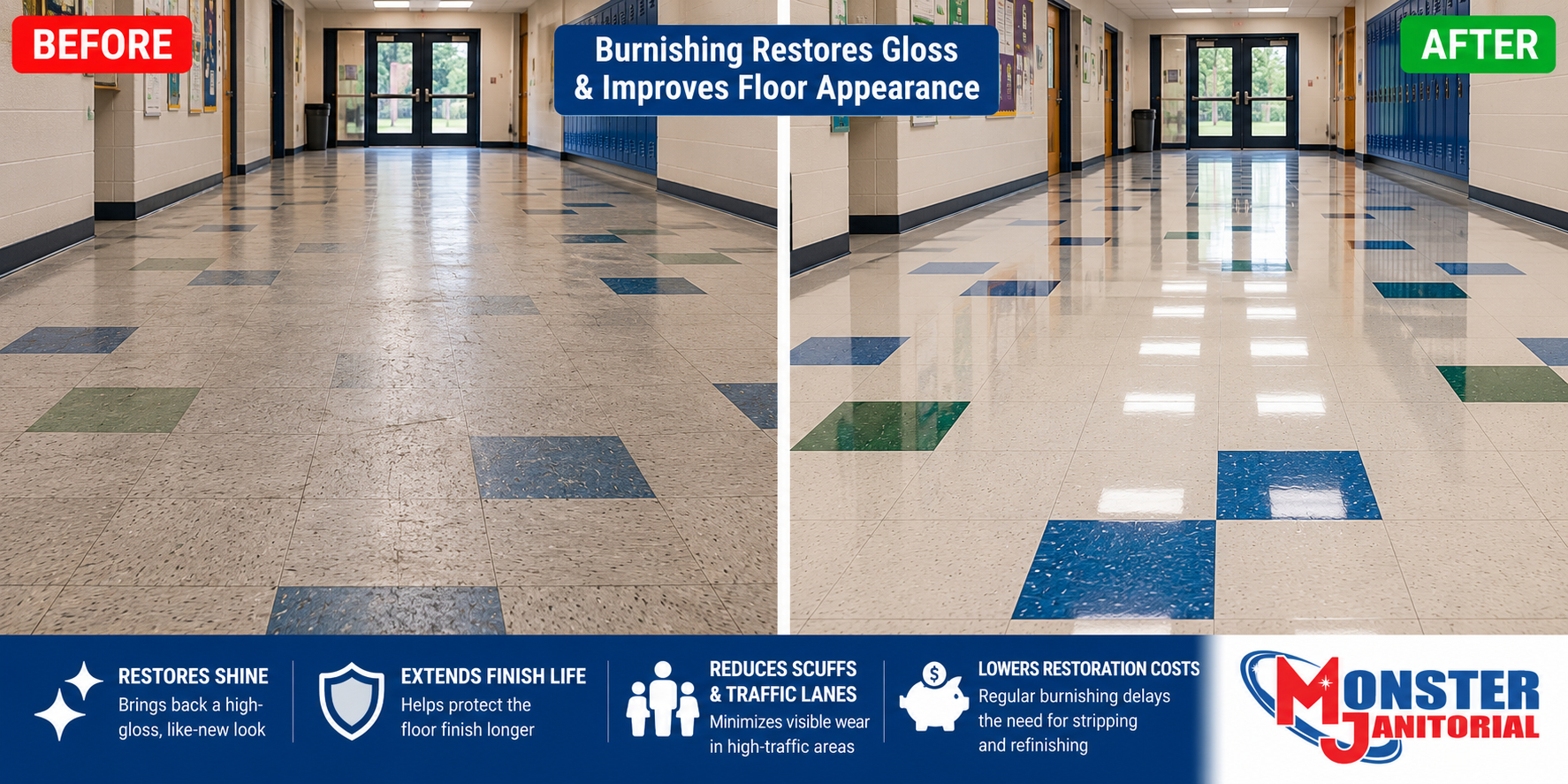 VCT burnishing before and after showing dull commercial tile restored to a glossy floor finish