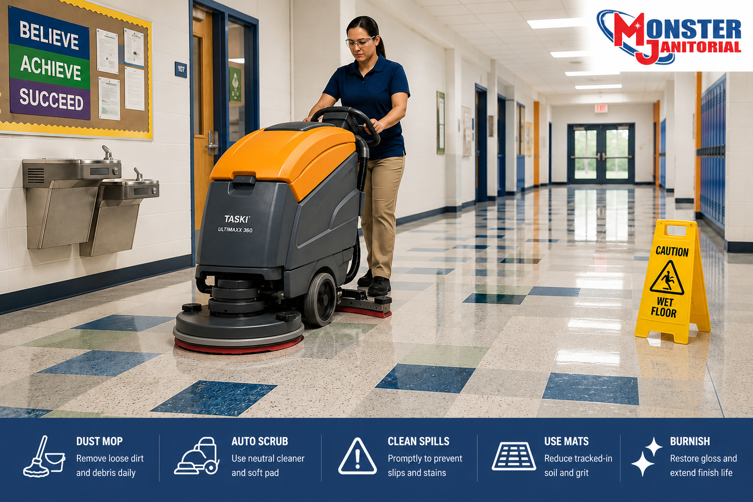VCT daily cleaning and maintenance with auto scrubbing, dust mopping, spill removal, entrance matting, and burnishing
