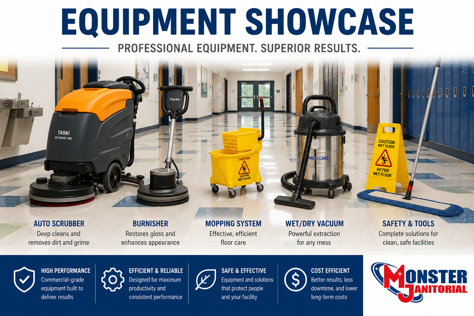 VCT floor equipment recommendations including auto scrubbers, burnishers, wet dry vacuums, pads, floor machines, and restoration equipment