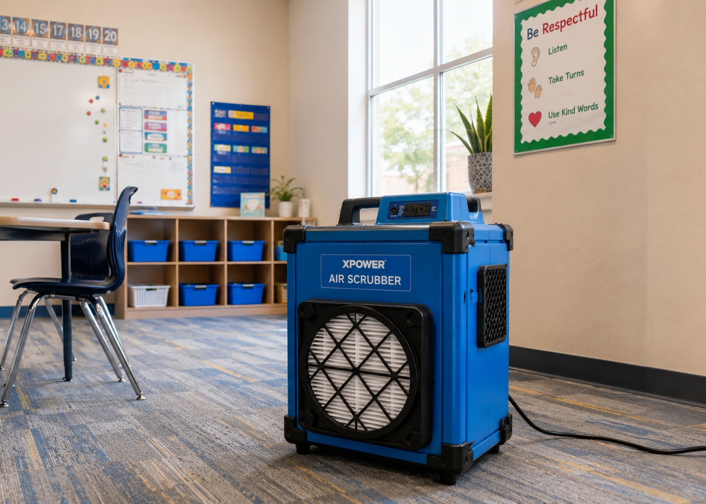 Commercial HEPA air scrubber filtering airborne particles inside a room