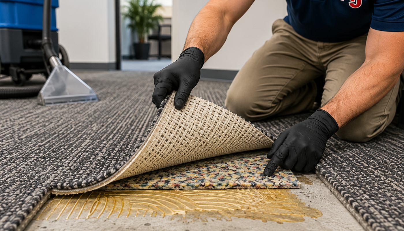 Technician inspecting commercial carpet backing, cushion, adhesive, and installation before cleaning