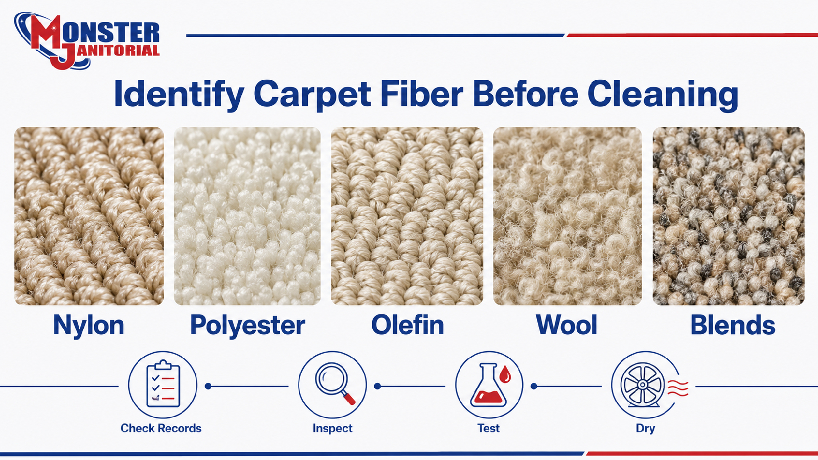 Commercial carpet fiber identification examples showing nylon, polyester, olefin, wool, and blended fibers