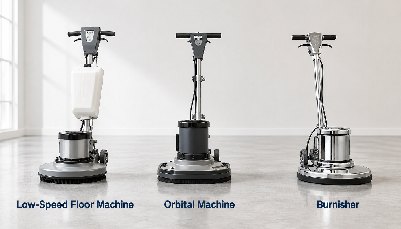 Commercial low-speed floor machine, orbital floor machine, and burnisher comparison