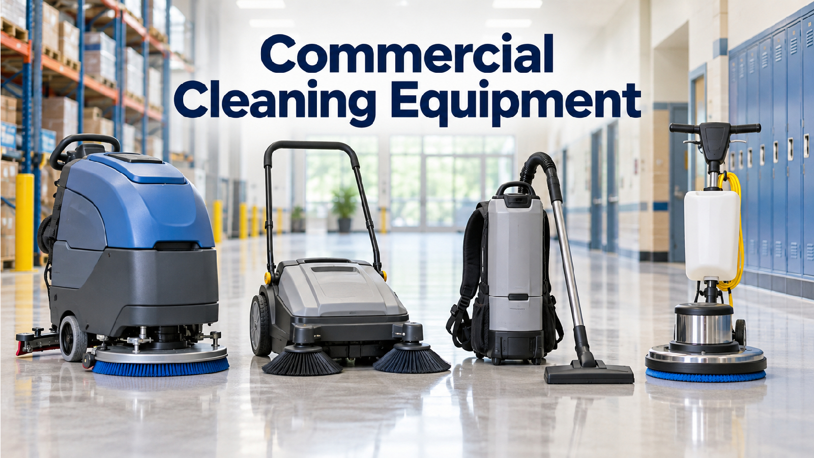 Commercial cleaning equipment including scrubber sweeper vacuum and floor machine