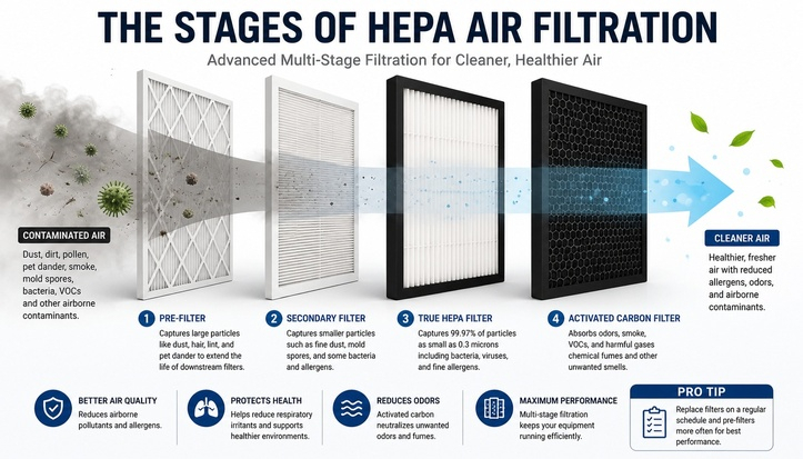 Multi-stage air filtration process showing contaminated air passing through a prefilter, secondary filter, true HEPA filter, and activated-carbon filter before cleaner air is released