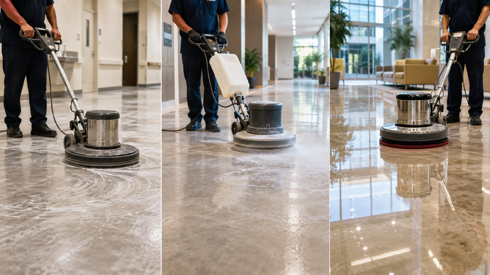Comparison of low-speed floor buffing, spray buffing, and high-speed burnishing on commercial floors