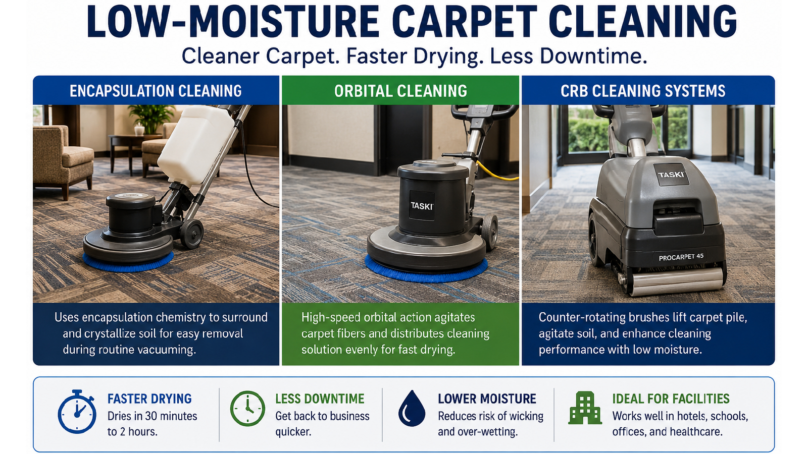 Low-moisture carpet cleaning comparison showing encapsulation, orbital cleaning, and CRB carpet cleaning systems