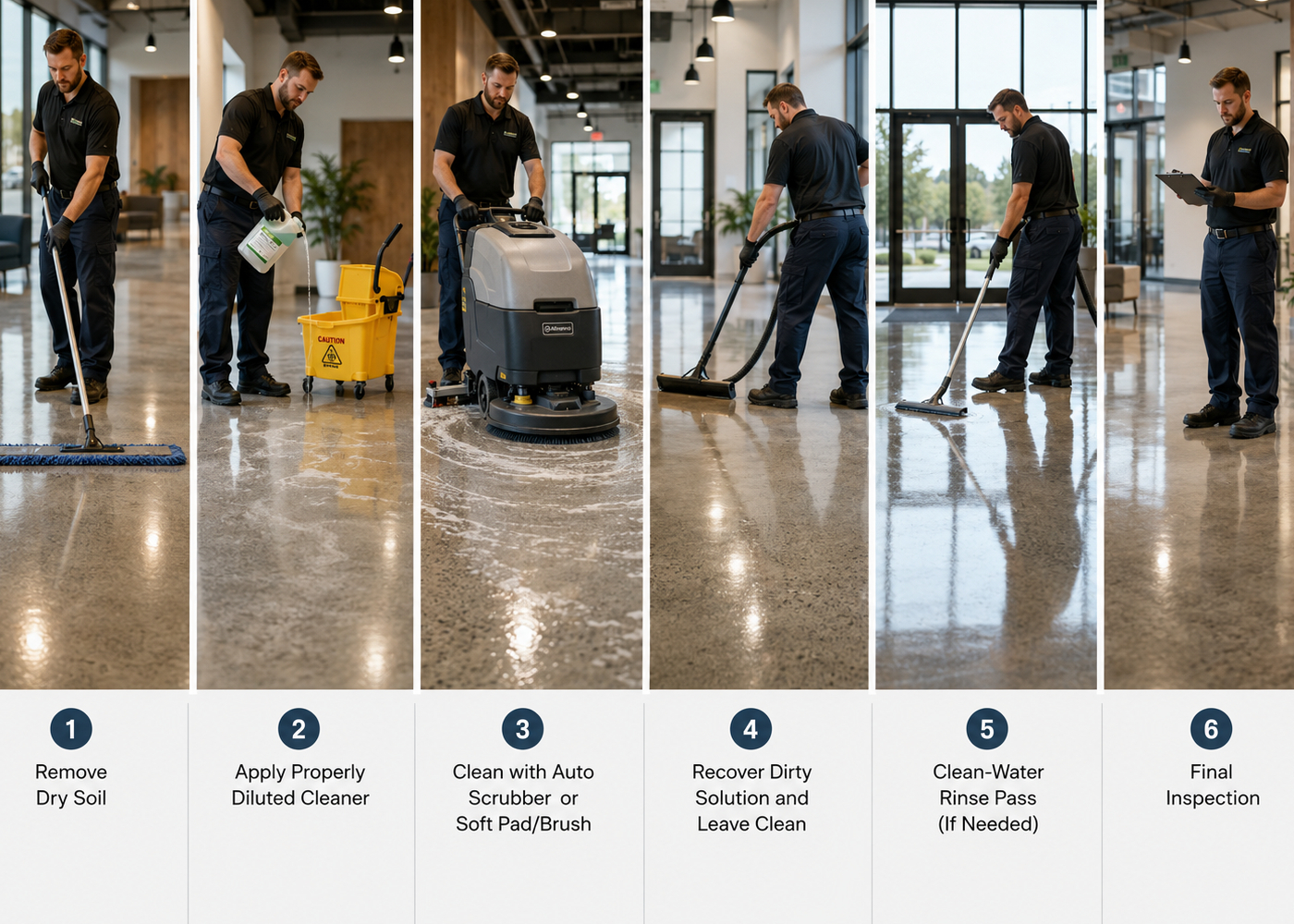 Six-step process for cleaning polished concrete floors, including dry soil removal, cleaner application, auto scrubbing, dirty-water recovery, rinsing, and final inspection