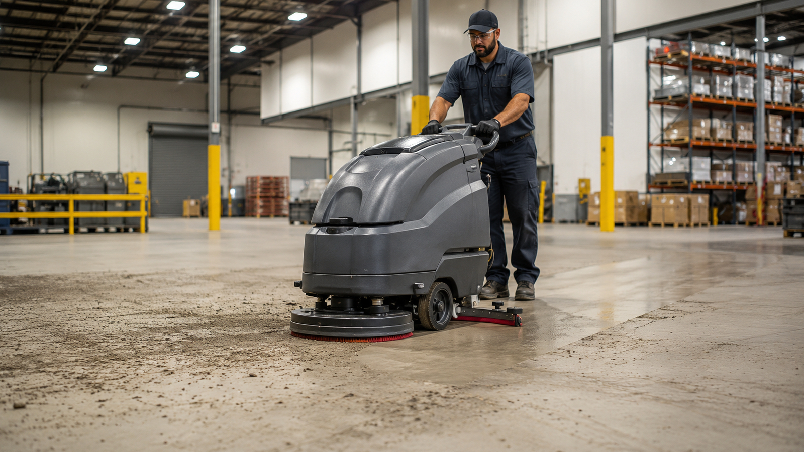 Operator using a commercial auto scrubber to clean heavily soiled bare industrial concrete in a warehouse