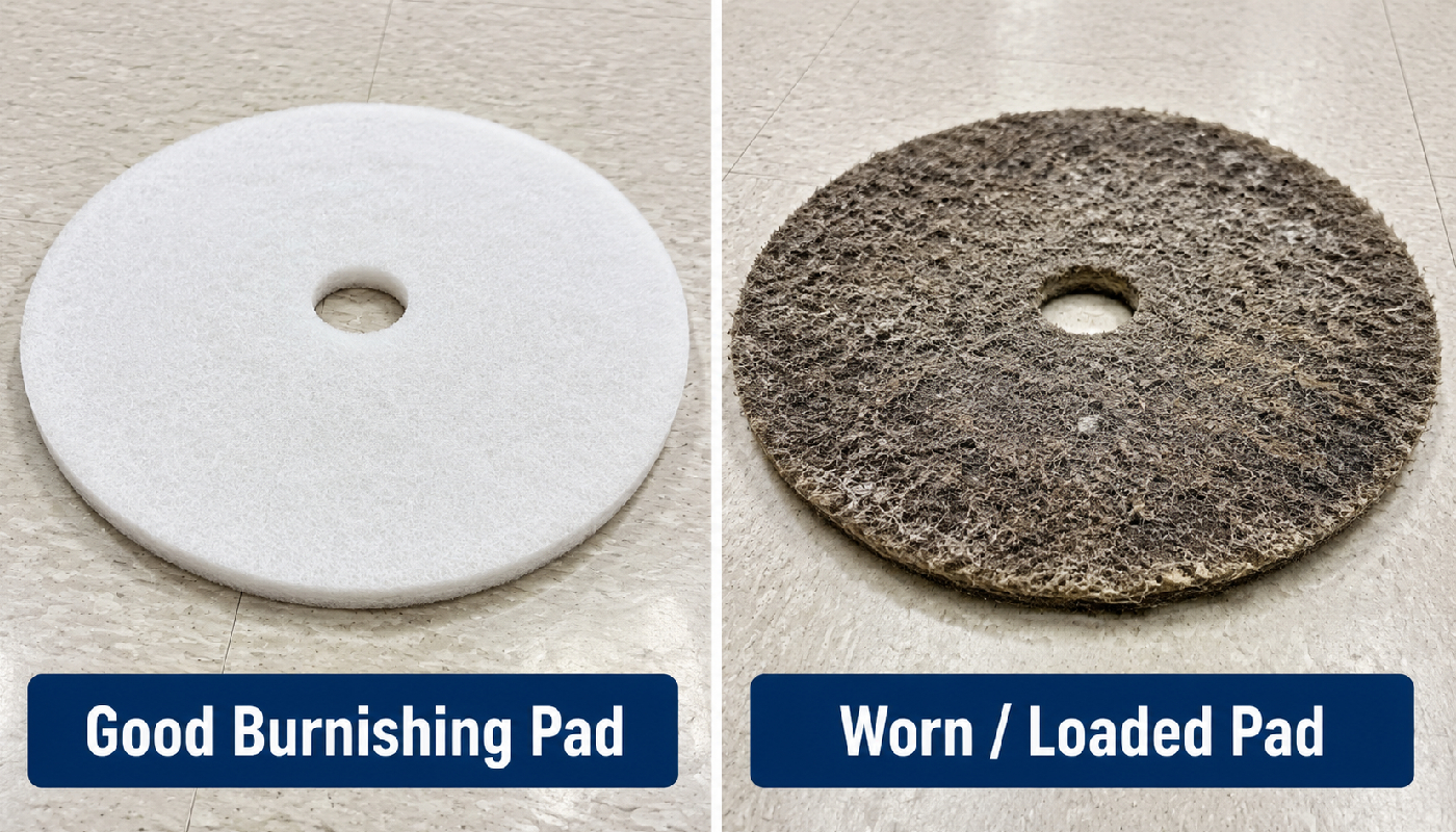 Good commercial burnishing pad compared with a worn and heavily loaded burnishing pad