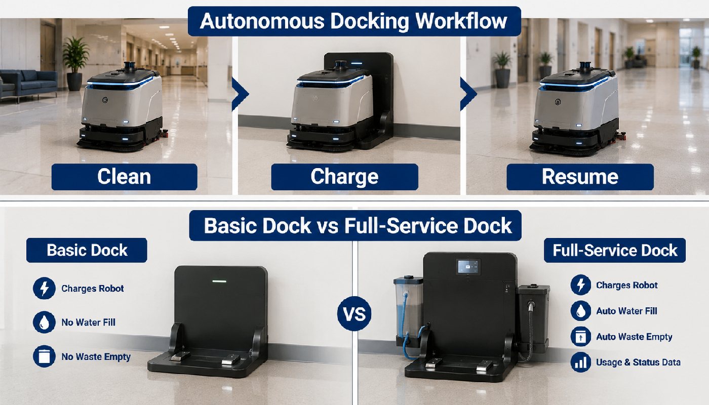 Robotic floor scrubber workflow showing clean charge and resume