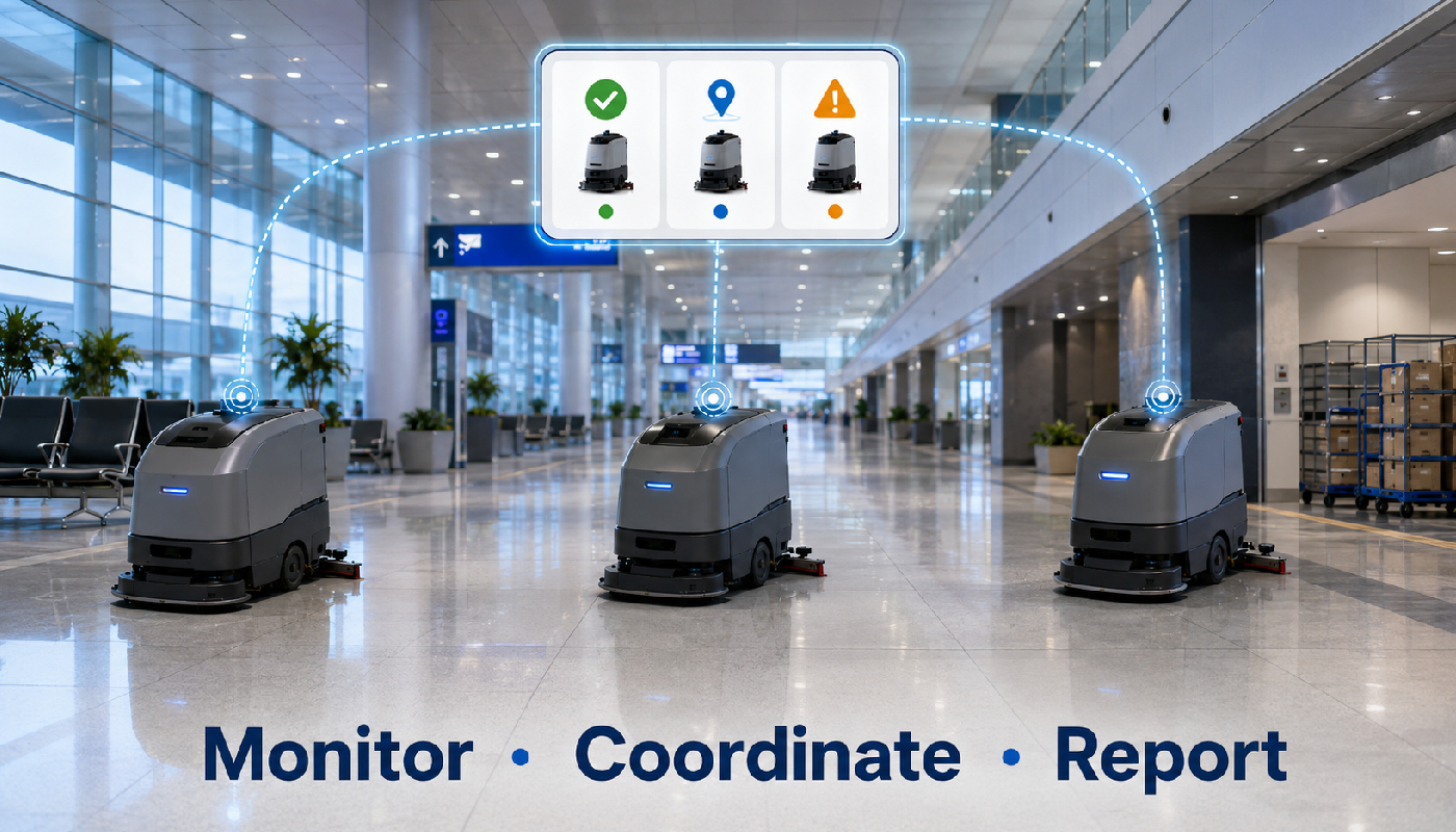 Multiple robotic cleaners operating in different facility zones with centralized fleet monitoring