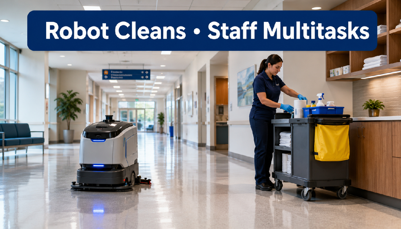 Robotic floor scrubber cleaning while janitorial staff performs another cleaning task