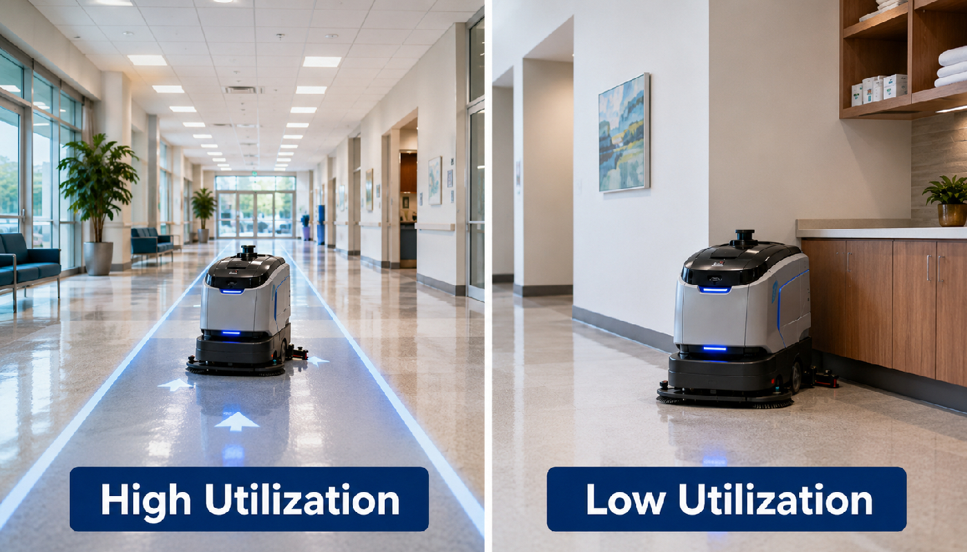 Comparison of high utilization robotic floor scrubber actively cleaning and low utilization robot sitting idle