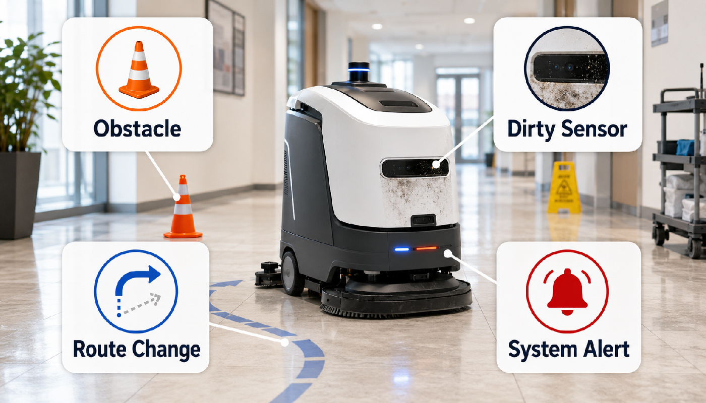 Common reasons a robotic floor scrubber stops during a route including obstacle dirty sensor route change and system alert