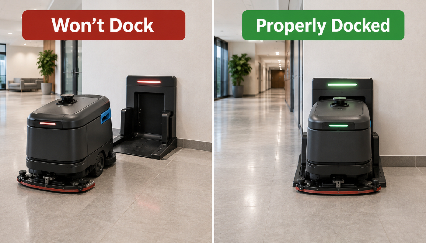 Robotic floor scrubber that will not dock compared with a properly docked robotic scrubber