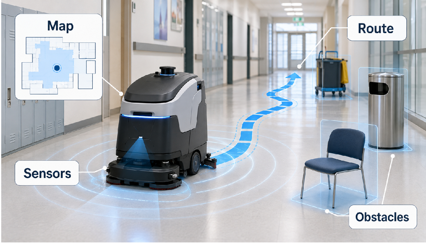 Commercial cleaning robot navigation map sensors route and obstacles
