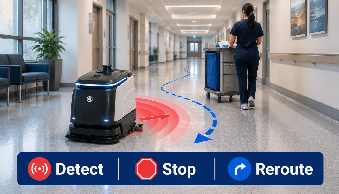 Robotic floor scrubber detecting an obstacle, stopping, and rerouting around it