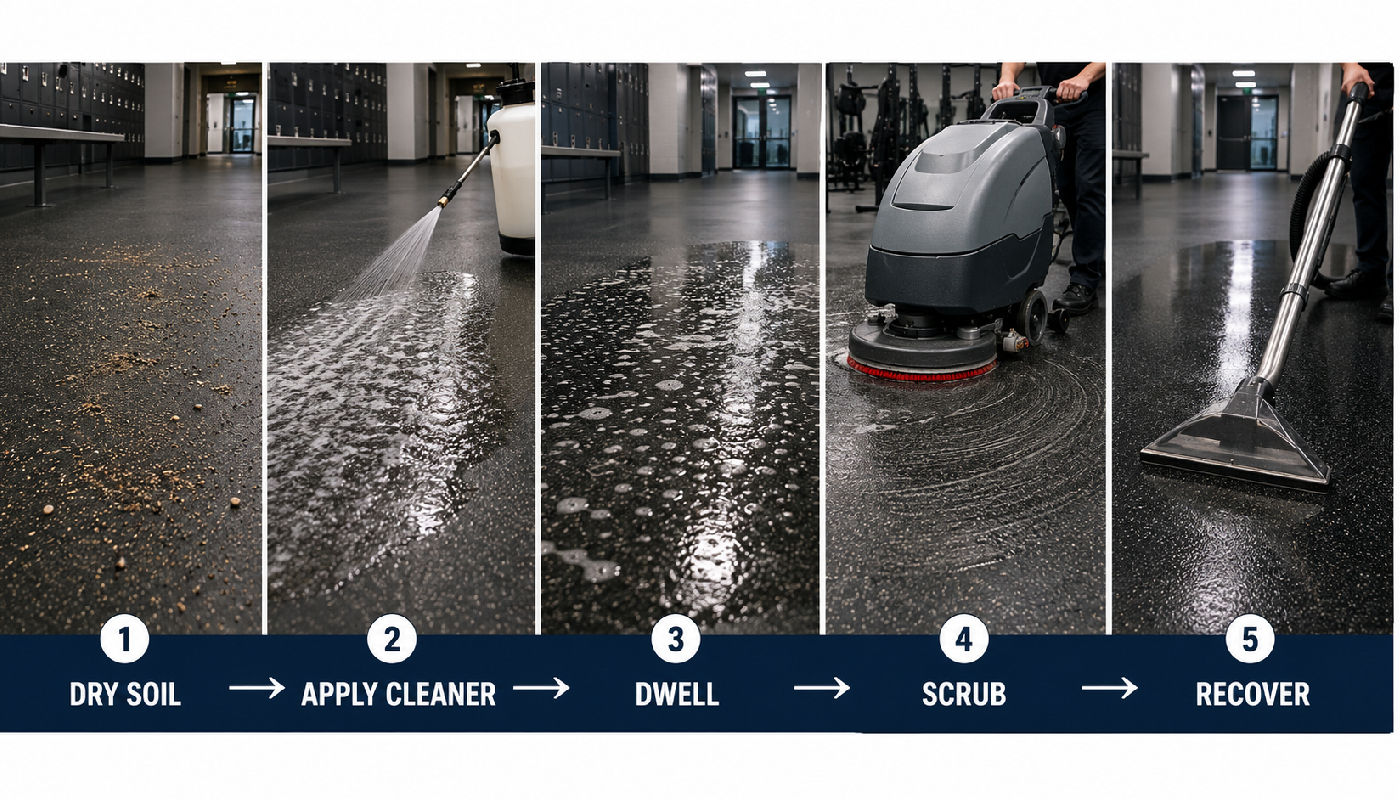 Five-step commercial rubber floor deep cleaning process showing dry soil removal, cleaner application, dwell time, scrubbing, and dirty-water recovery