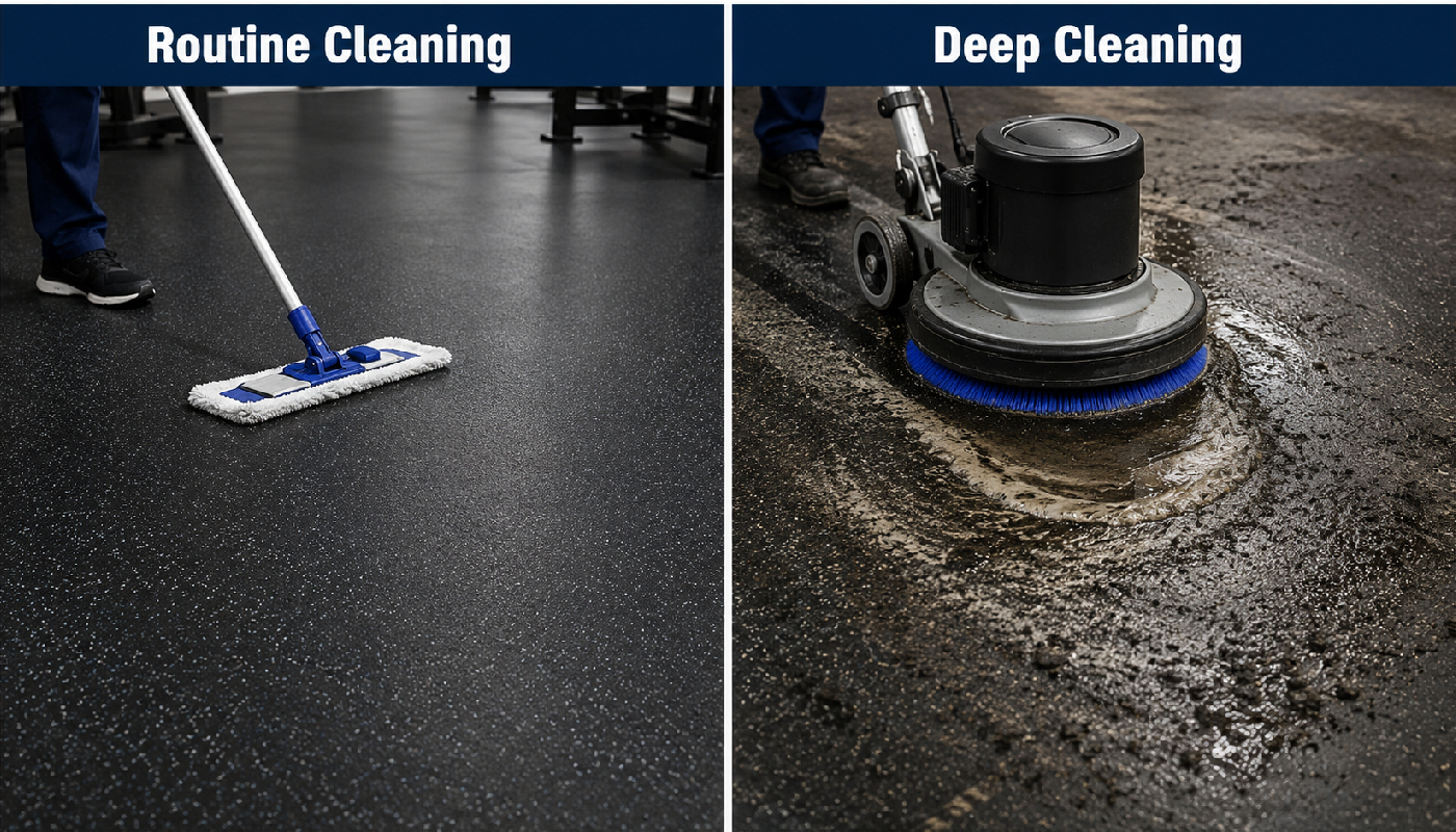 Routine cleaning versus deep cleaning on commercial rubber flooring