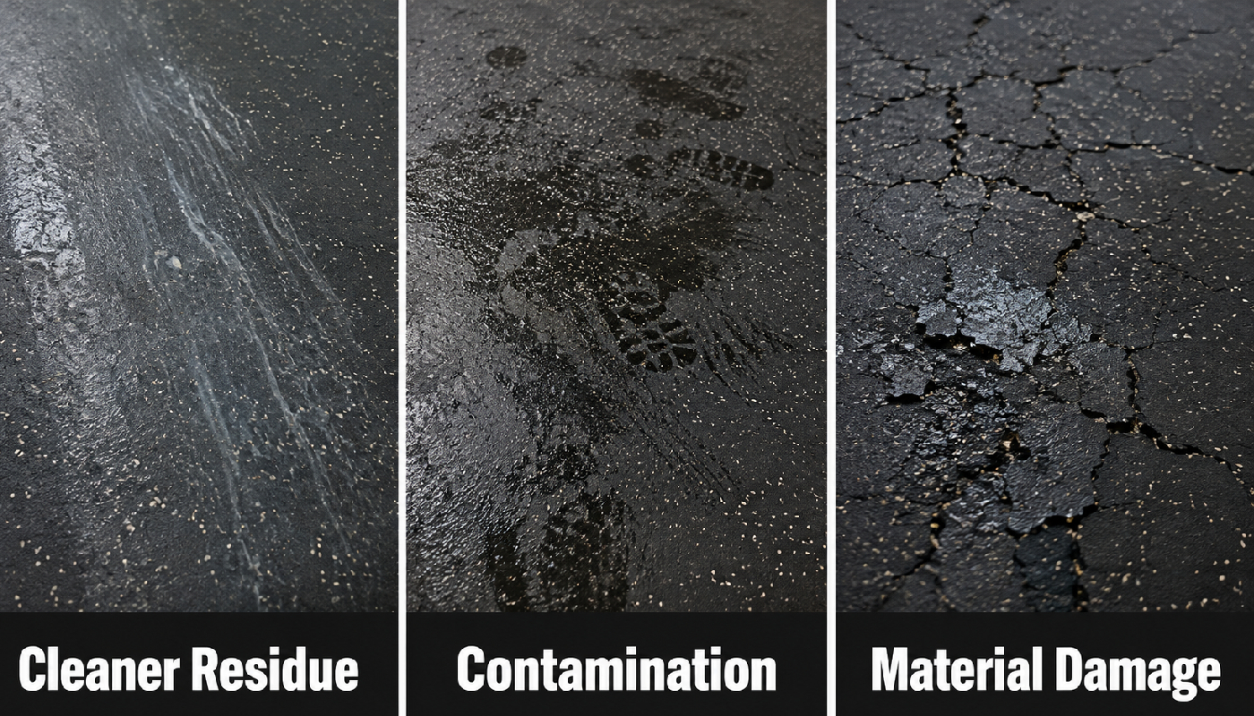 Sticky commercial rubber floor comparison showing cleaner residue contamination and material damage