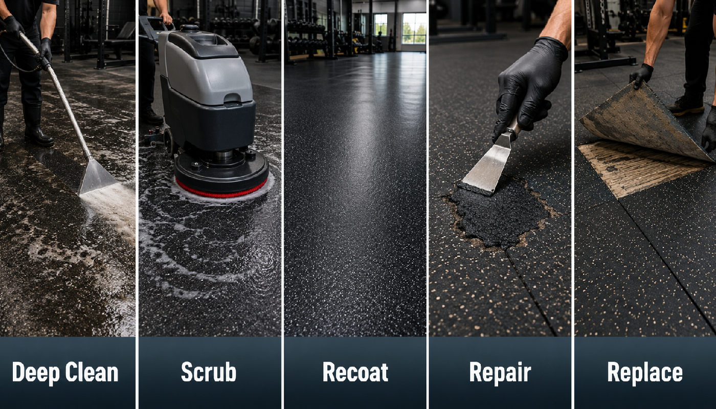 Rubber floor restoration process showing deep clean scrub recoat repair and replace