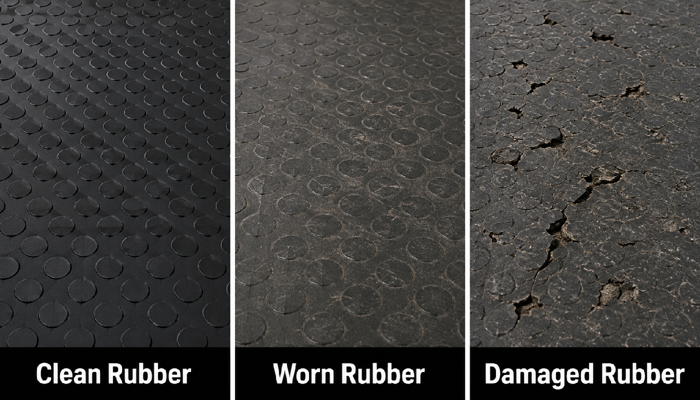 Comparison of clean worn and damaged commercial rubber flooring