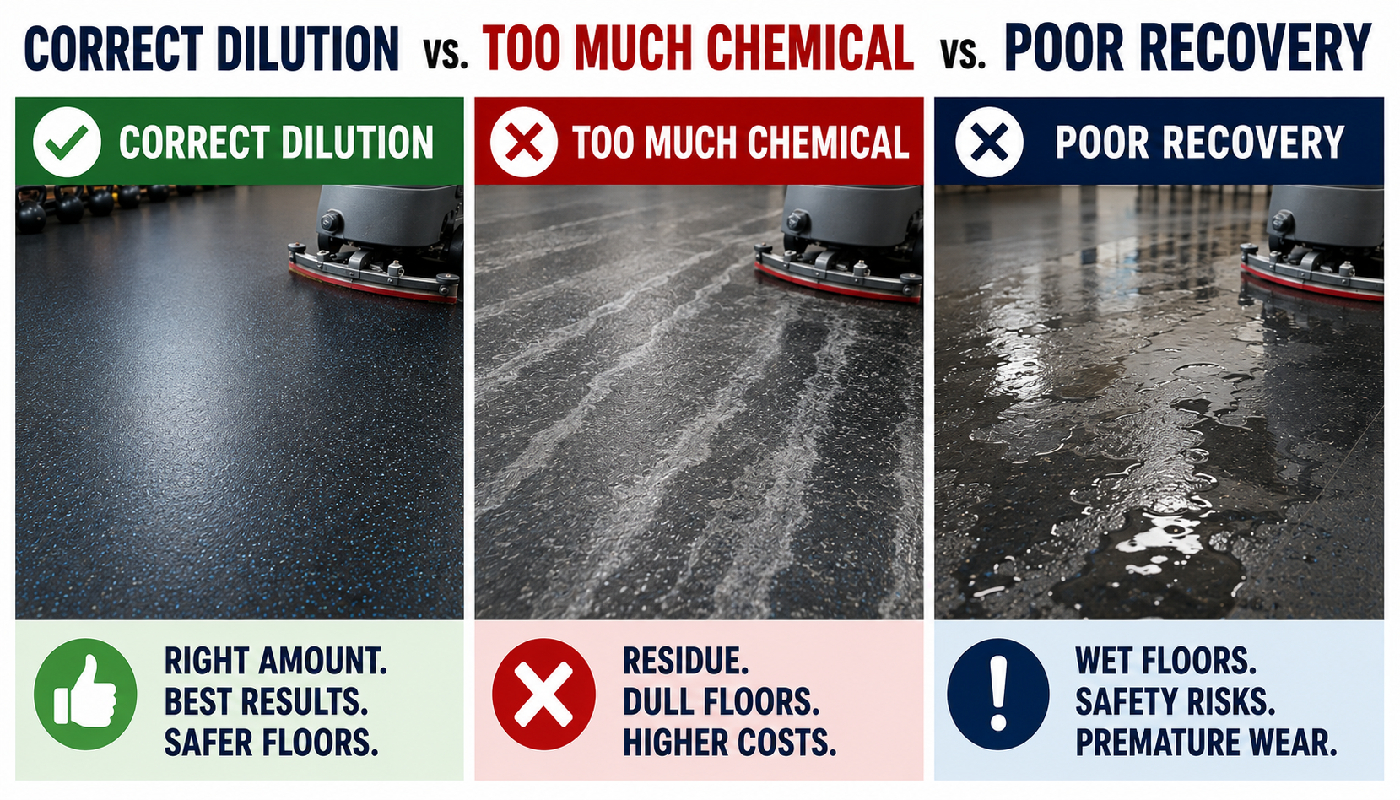 Correct chemical dilution too much cleaner and poor dirty-water recovery on commercial rubber floors