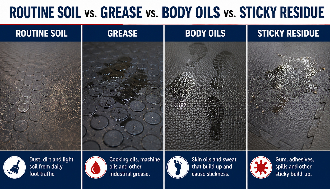 Routine soil grease body oils and sticky residue on commercial rubber floors