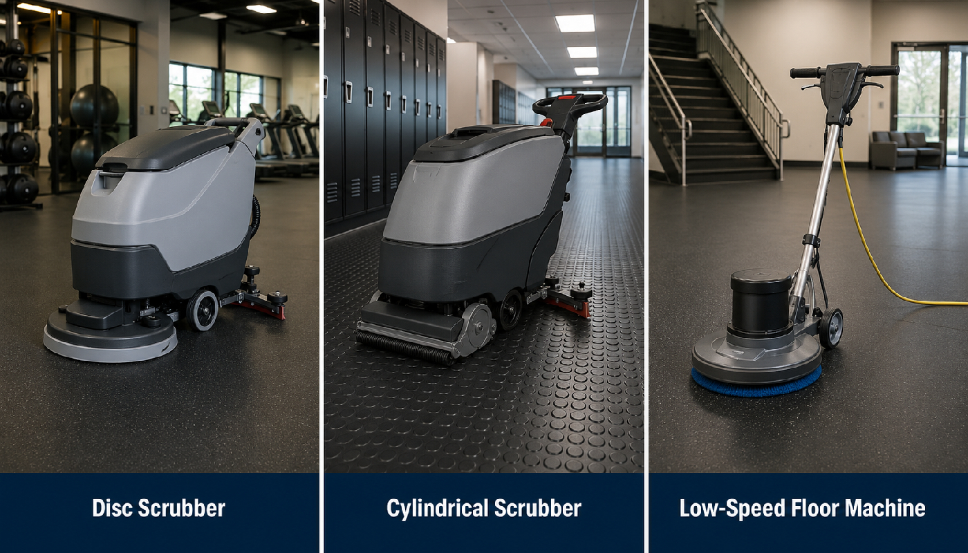 Disc scrubber versus cylindrical scrubber versus low-speed floor machine for commercial rubber floors