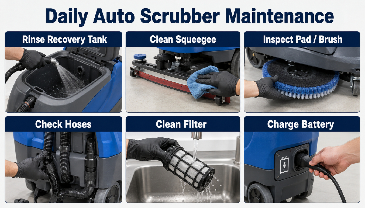 Daily auto scrubber maintenance including rinsing recovery tank, cleaning squeegee, inspecting pad or brush, checking hoses, cleaning filter, and charging battery