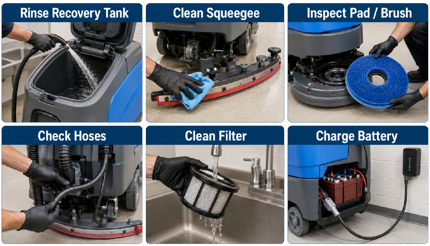Daily auto scrubber maintenance including rinsing recovery tank, cleaning squeegee, inspecting pad or brush, checking hoses, cleaning filter, and charging battery