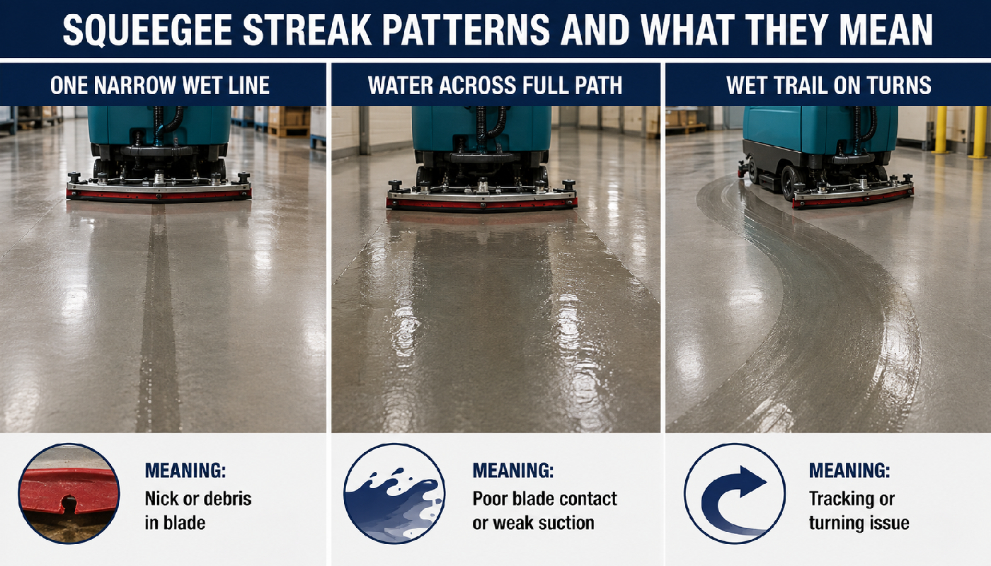 Auto scrubber squeegee streak patterns showing narrow wet line, water across full path, and wet trail on turns