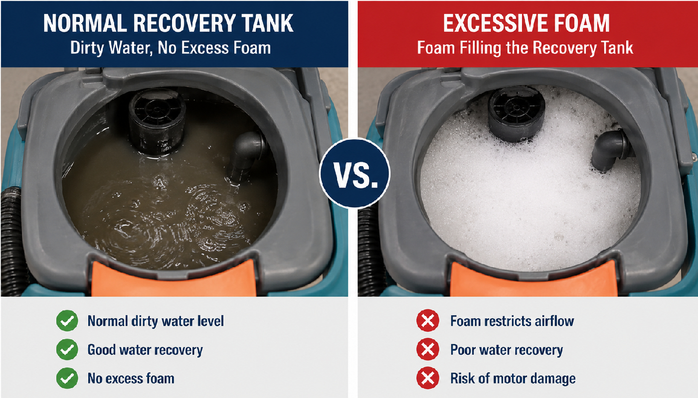 Normal auto scrubber recovery tank compared with excessive foam in recovery tank