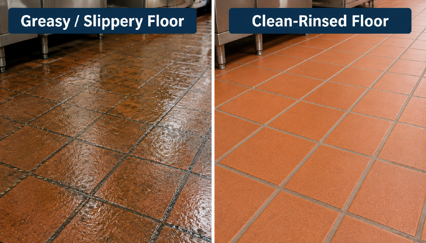 Commercial kitchen tile comparison showing a greasy slippery floor and a clean rinsed tile floor
