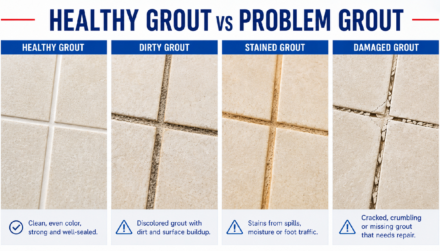 Healthy grout compared with dirty grout, stained grout, and damaged grout