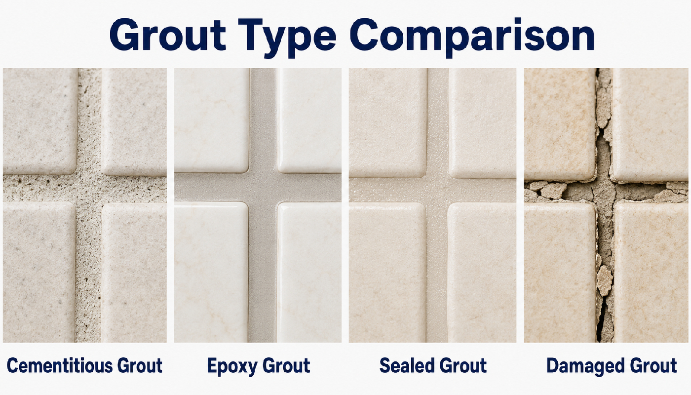Grout type comparison showing cementitious grout, epoxy grout, sealed grout, and damaged grout