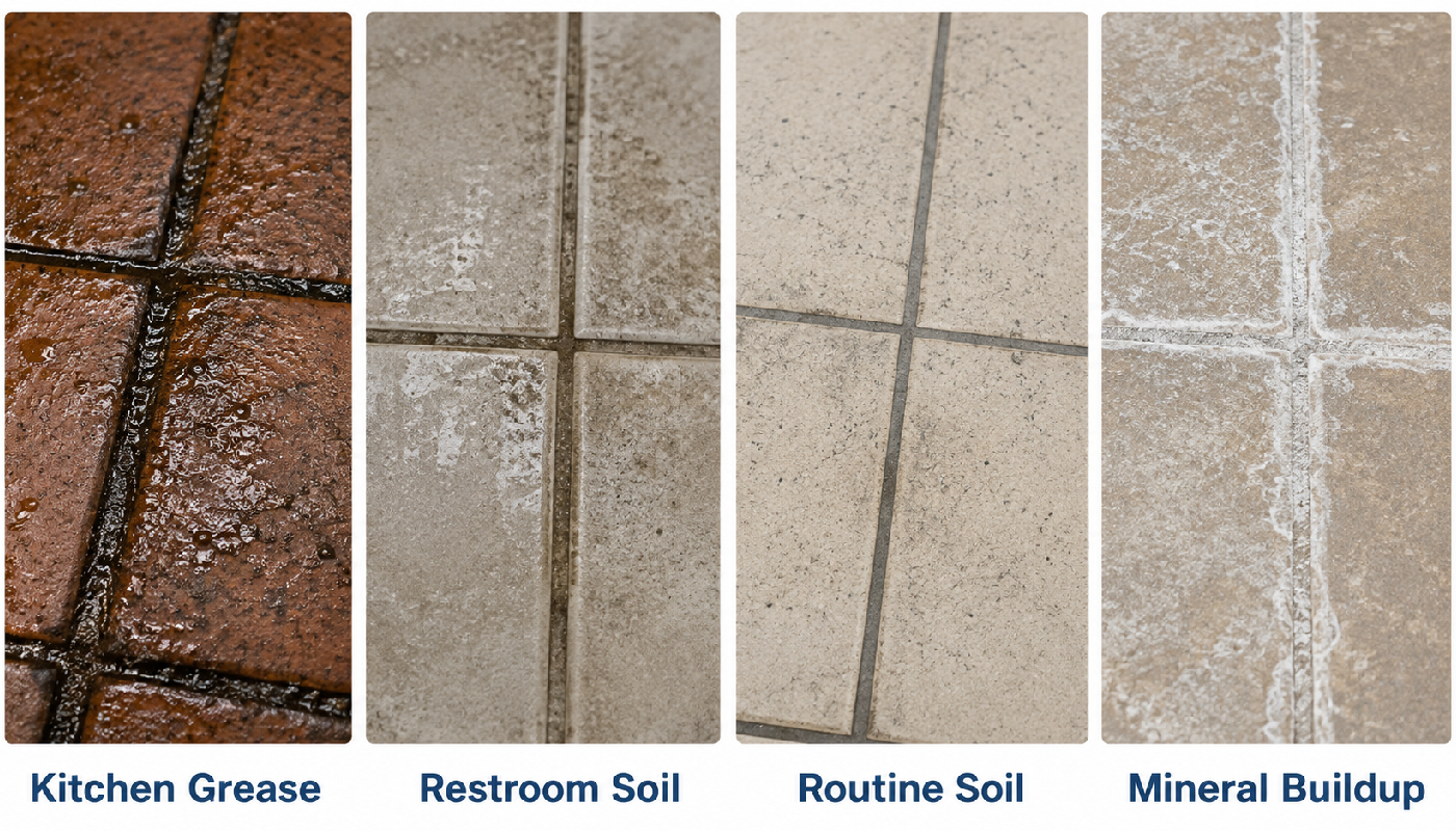 Commercial tile and grout soil comparison showing kitchen grease, restroom soil, routine soil, and mineral buildup