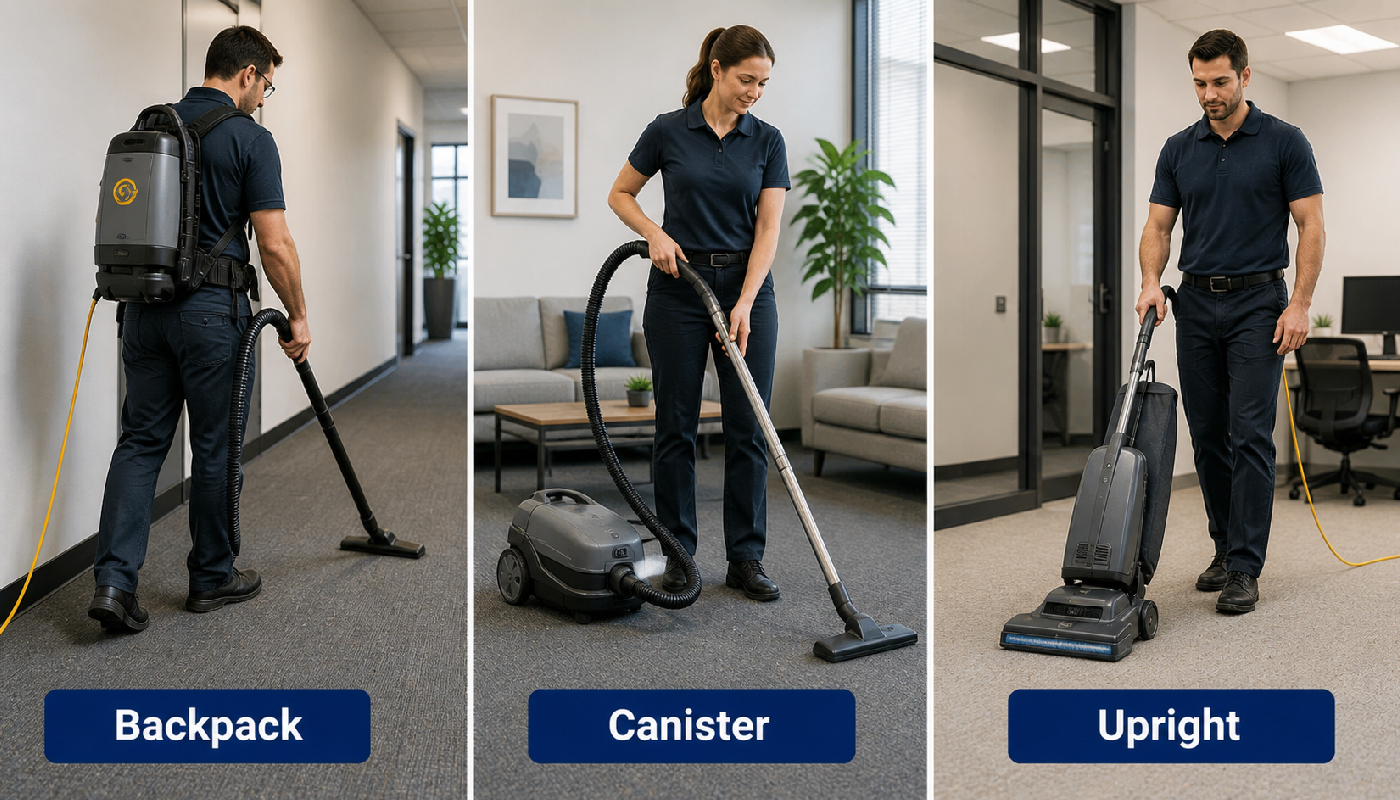 Backpack vacuum, canister vacuum, and upright commercial vacuum comparison