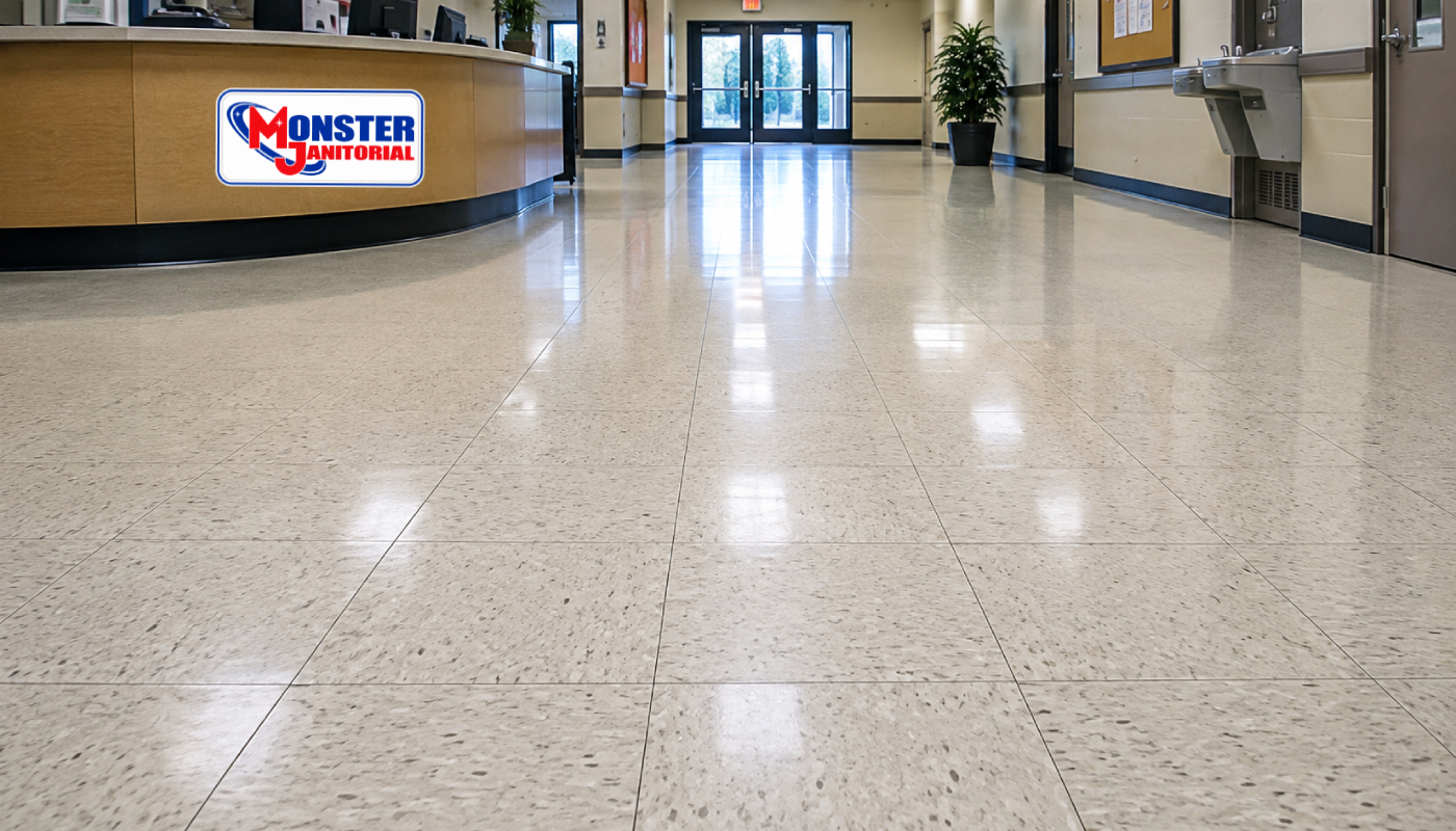 Commercial VCT floor with visible square tile seams and protective floor finish