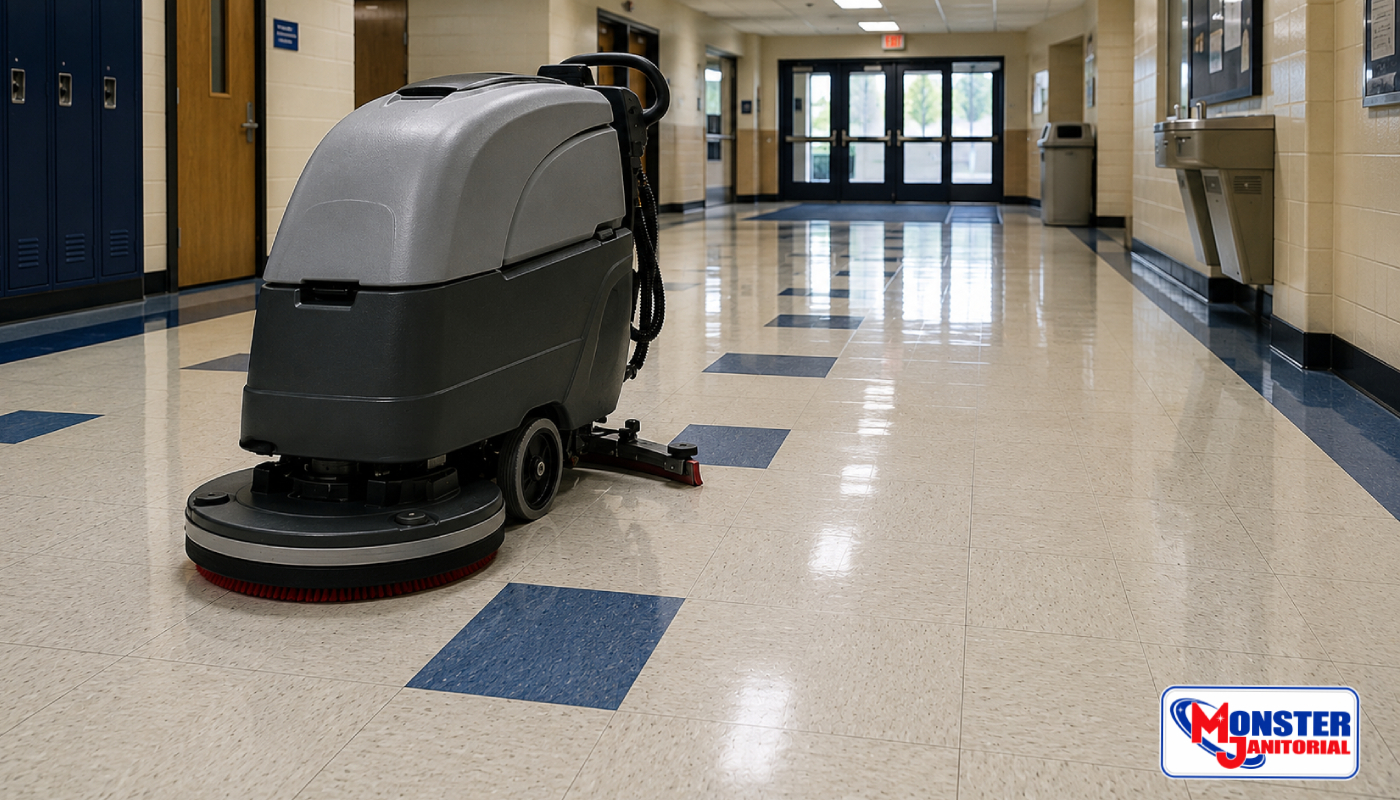 Commercial auto scrubber cleaning a finished VCT floor in a school hallway
